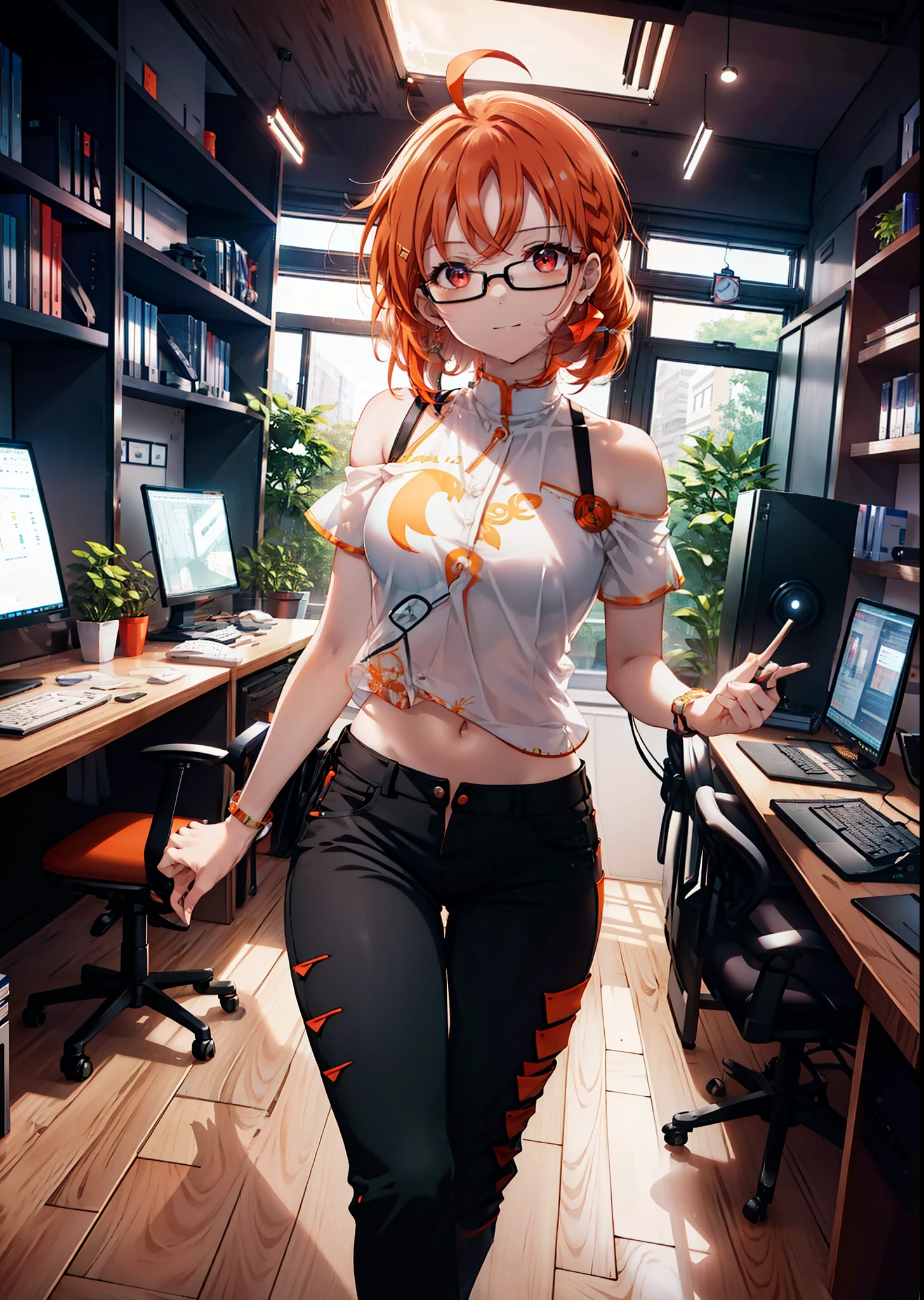 Takahai Chige,Orange Hair,Red eyes,smile,Long Hair,Ahoge,Cold Shoulder Shirt,Short sleeve,skinny pants,Stiletto heels,Black-rimmed glasses,interior,There is a computer on the table,Walking,whole bodyがイラストに入るように,Daytime,Clear skies,　　　　 　　　　　　　　　　　　break indoors, office, 　　　　　　　　　　　break looking at viewer, whole body, 　　　　　　　　break (masterpiece:1.2), Highest quality, High resolution, unity 8k wallpaper, (shape:0.8), (Beautiful attention to detail:1.6), Highly detailed face, Perfect lighting, Extremely detailed CG, (Perfect hands, Perfect Anatomy),