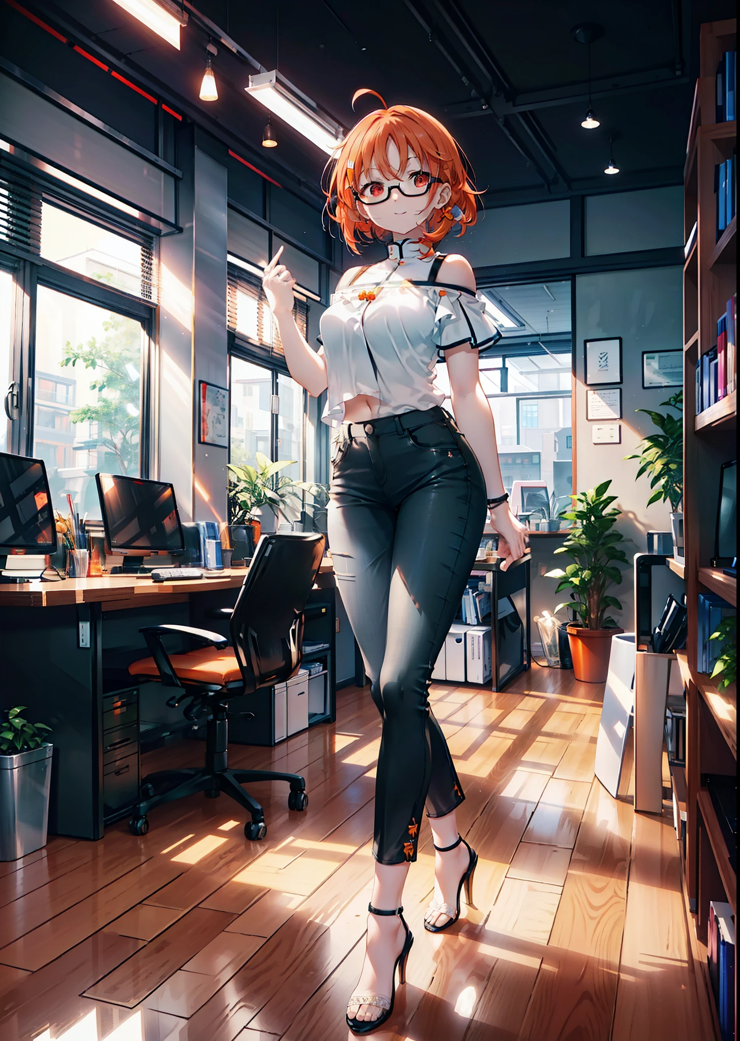 Takahai Chige,Orange Hair,Red eyes,smile,Long Hair,Ahoge,Cold Shoulder Shirt,Short sleeve,skinny pants,Stiletto heels,Black-rimmed glasses,interior,There is a computer on the table,Walking,whole bodyがイラストに入るように,Daytime,Clear skies,　　　　 　　　　　　　　　　　　break indoors, office, 　　　　　　　　　　　break looking at viewer, whole body, 　　　　　　　　break (masterpiece:1.2), Highest quality, High resolution, unity 8k wallpaper, (shape:0.8), (Beautiful attention to detail:1.6), Highly detailed face, Perfect lighting, Extremely detailed CG, (Perfect hands, Perfect Anatomy),