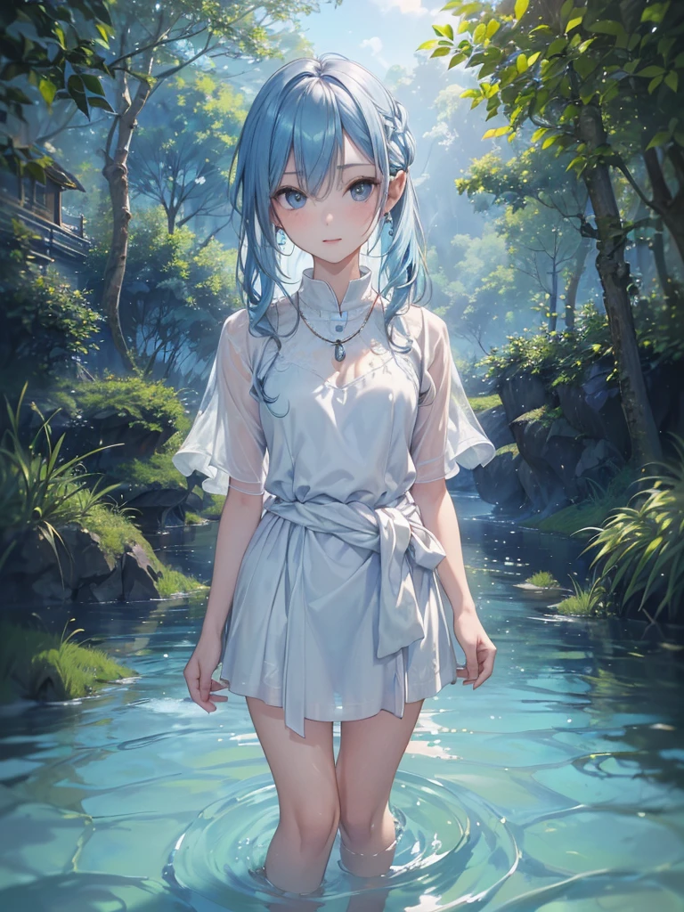 ((Biologically correct limb count)),(( From head to toe,Full-body photo including face)),4K,((Standing position)),masterpiece,((Focus on the face)),((Symmetrical facial features)),Eyes with detailed description,Beautiful woman,Great style,Beautiful arms,Beautiful legs,Beautiful Hands,(Small Ass,Thin thighs),Detailed depiction of the face,Small earrings,necklace,(White dress,((evening,Wading in the river up to the waist)),((blue blonde)),Realistic photo,Focus on the face