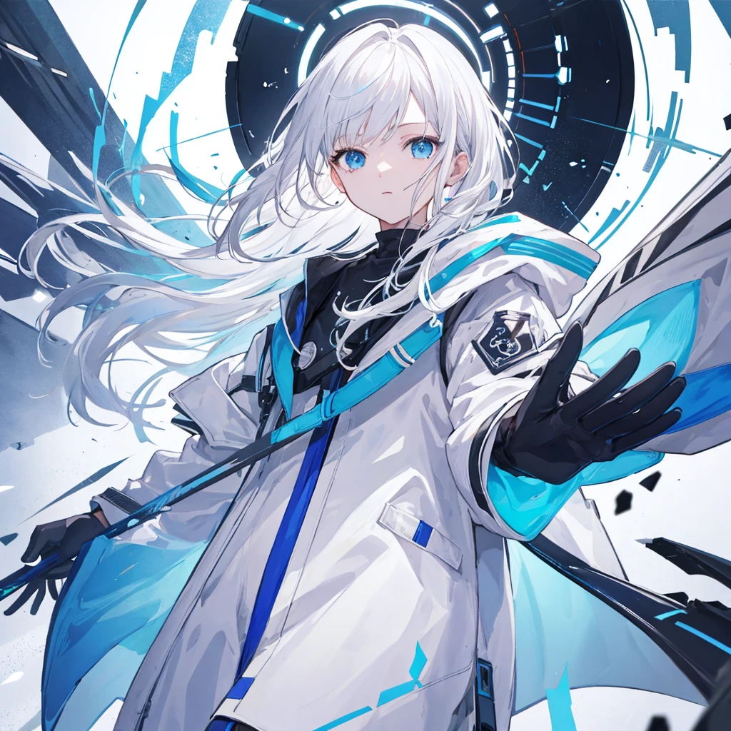 (masterpiece,Highest quality,Anime Style,Detailed hands,Ray Tracing,),White Hair,長いWhite Hair,Hair Straightening,Blue Eyes,blue and white trench coat,Futuristic design,Clothing of the future,Solo,Cowboy Shot