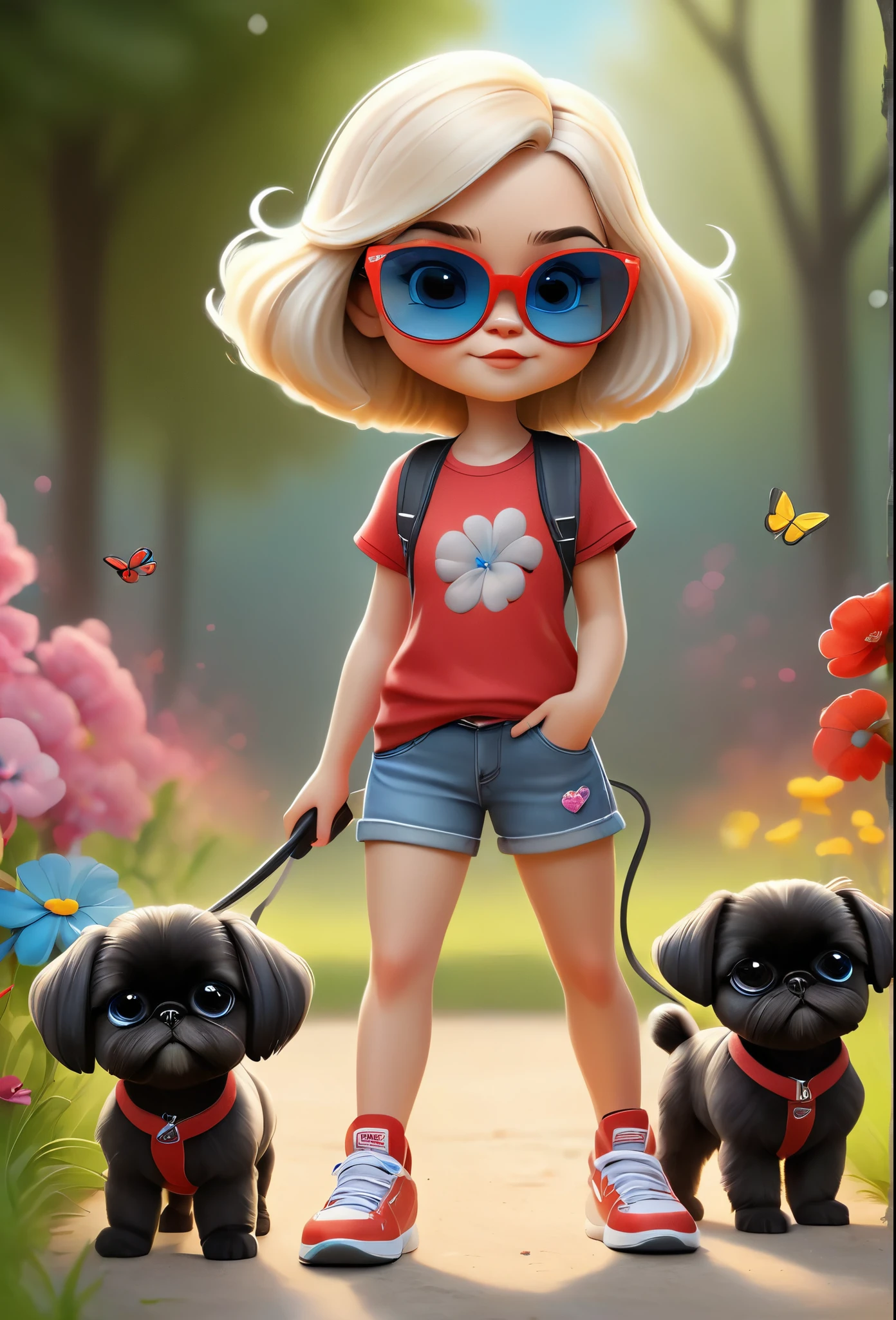 1 cute blonde girl with blue eyes wearing red sunglasses red shirt and denim shorts with bright tennis shoes, 2 small black and black black Shih Tzu puppies with big bright blue eyes wearing red sunglasses walking at dog park squirrels, bunnies, butterflies and flowers in back ground 3D Pixar style