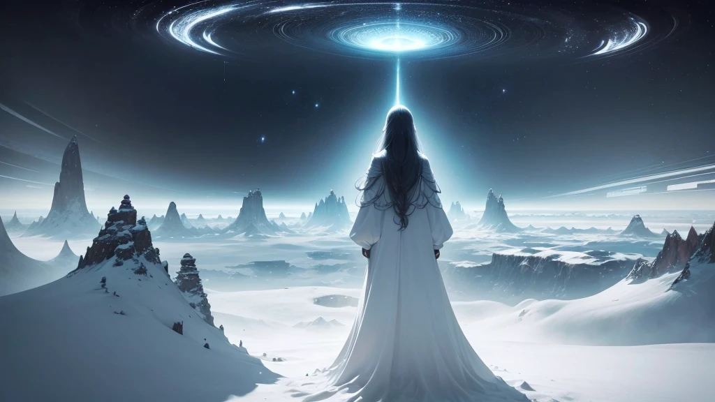 a woman in the distance in an immense landscape after death, in a vast white landscape of another dimension, another dimension, peace and tranquility, liberation, harmony, other-dimensional space, ultra-realistic, highly detailed, luminosity, intricate, fascinating, impressive, otherworldly, hypnotic