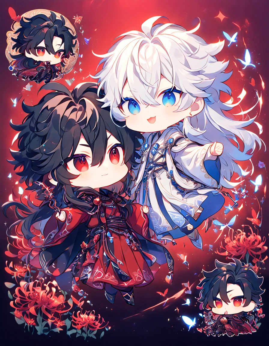 absurdres, highres, ultra detailed, HDR, master piece, best quality, extremely detailed face, delicated features, Xue Yu chibi, untamed spiky hair, black hair, long hair, hair between the eyes, expressive red eyes, Thousand Years War, Gojou Satoru chibi, white hair, messy hair, expressive blue eyes, two boys together, gay couple, yaoi, cute, black cape, red robes, white robes, accessories, patterns, red sky, red butterflies, red spider lilies, fantasy, magical, radiant