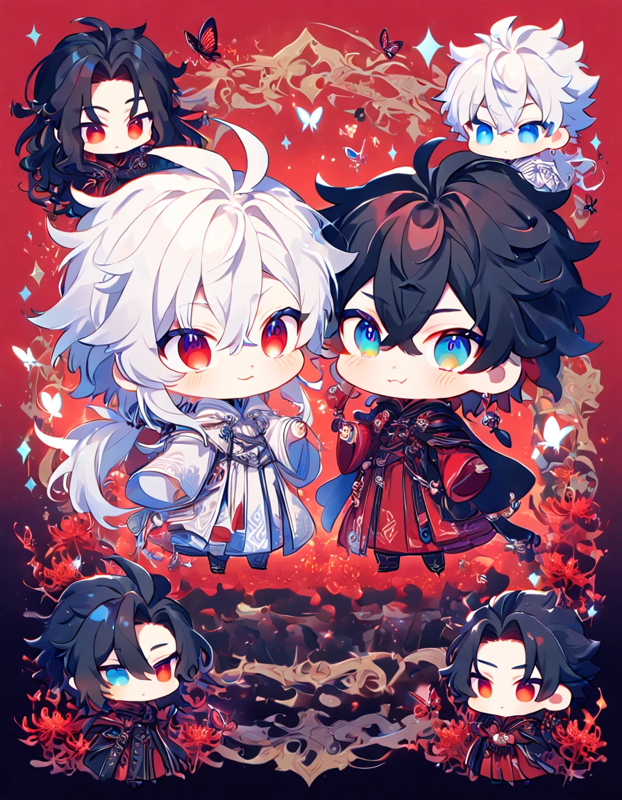 absurdres, highres, ultra detailed, HDR, master piece, best quality, extremely detailed face, delicated features, Xue Yu chibi, untamed spiky hair, black hair, long hair, hair between the eyes, expressive red eyes, Thousand Years War, Gojou Satoru chibi, white hair, messy hair, expressive blue eyes, two boys together, gay couple, yaoi, cute, black cape, red robes, white robes, accessories, patterns, red sky, red butterflies, red spider lilies, fantasy, magical, radiant