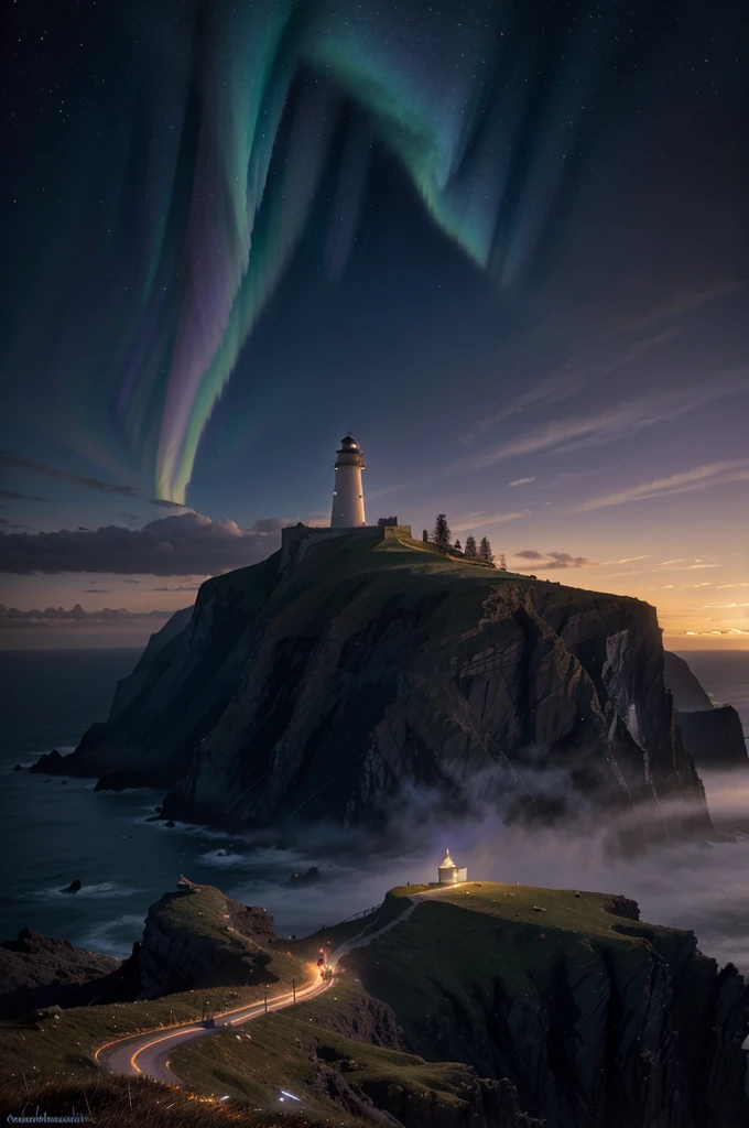 A lighthouse with a bright blue and purple aurora light above it on a cliff, Max Rive, fantasy art by Jessica Rossier, Marc Adamus, Lt. Alexander Kucharsky, beautiful digital artwork, magical colors and atmosphere, amazing wallpaper, beautiful wallpaper, magnificent background, Conceptual art, awesome atmosphere, Lt. Jessica Rossier, beautiful and aesthetic, dream matte painting, incredibly epic images, watercolor