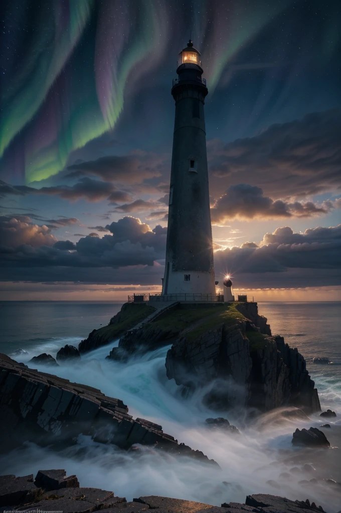 A lighthouse with a bright blue and purple aurora light above it on a cliff, Max Rive, fantasy art by Jessica Rossier, Marc Adamus, Lt. Alexander Kucharsky, beautiful digital artwork, magical colors and atmosphere, amazing wallpaper, beautiful wallpaper, magnificent background, Conceptual art, awesome atmosphere, Lt. Jessica Rossier, beautiful and aesthetic, dream matte painting, incredibly epic images, watercolor