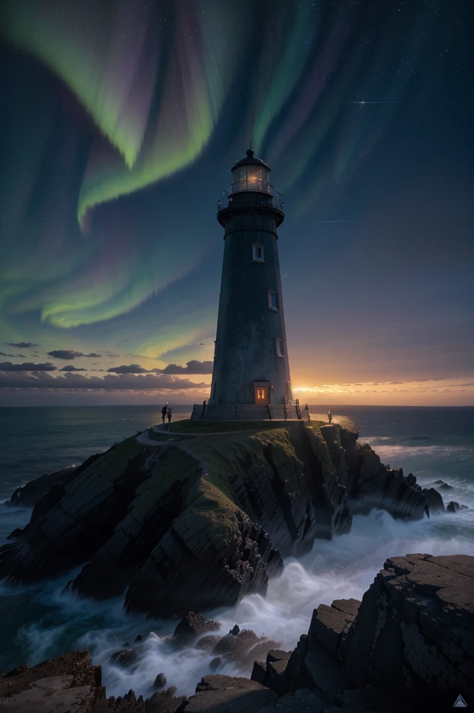 A lighthouse with a bright blue and purple aurora light above it on a cliff, Max Rive, fantasy art by Jessica Rossier, Marc Adamus, Lt. Alexander Kucharsky, beautiful digital artwork, magical colors and atmosphere, amazing wallpaper, beautiful wallpaper, magnificent background, Conceptual art, awesome atmosphere, Lt. Jessica Rossier, beautiful and aesthetic, dream matte painting, incredibly epic images, watercolor