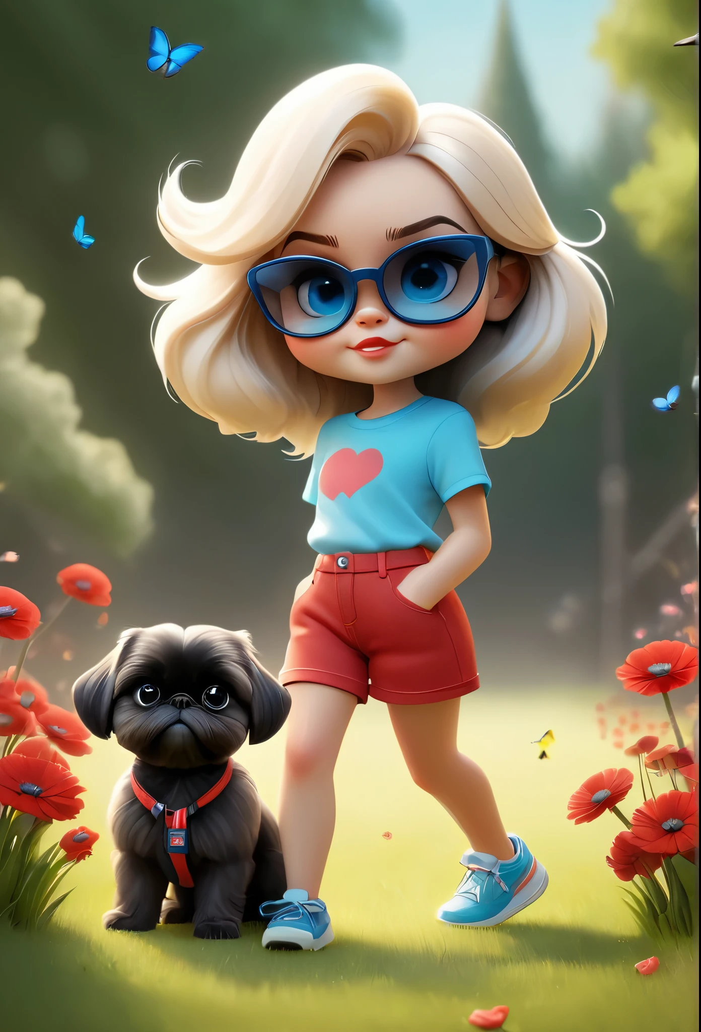 1 cute blonde girl with blue eyes wearing red sunglasses red shirt and denim shorts with bright tennis shoes, 2 small black and black black Shih Tzu puppies with big bright blue eyes wearing red sunglasses walking at dog park squirrels, bunnies, butterflies and flowers in back ground 3D Pixar style