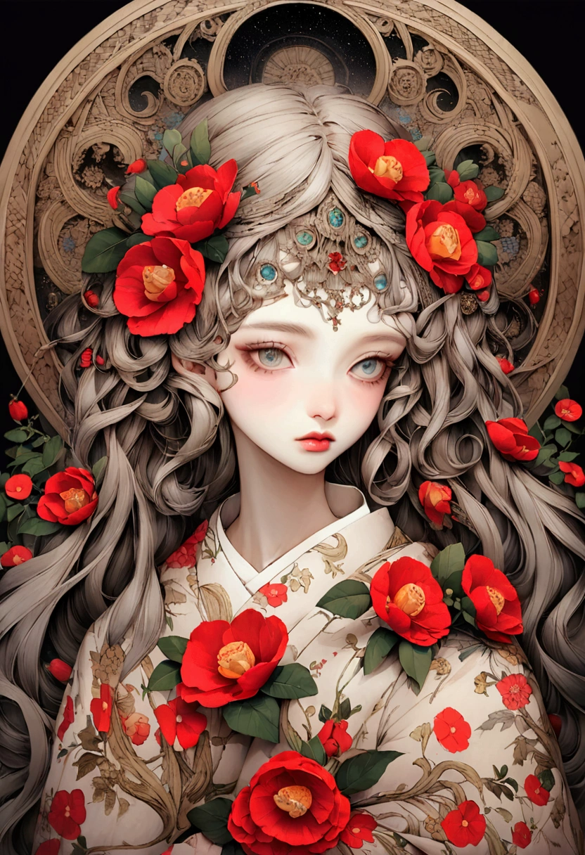 Wearing a floral kimono16A girl about the age Hair is long and black The background is camellia flowers gorgeous