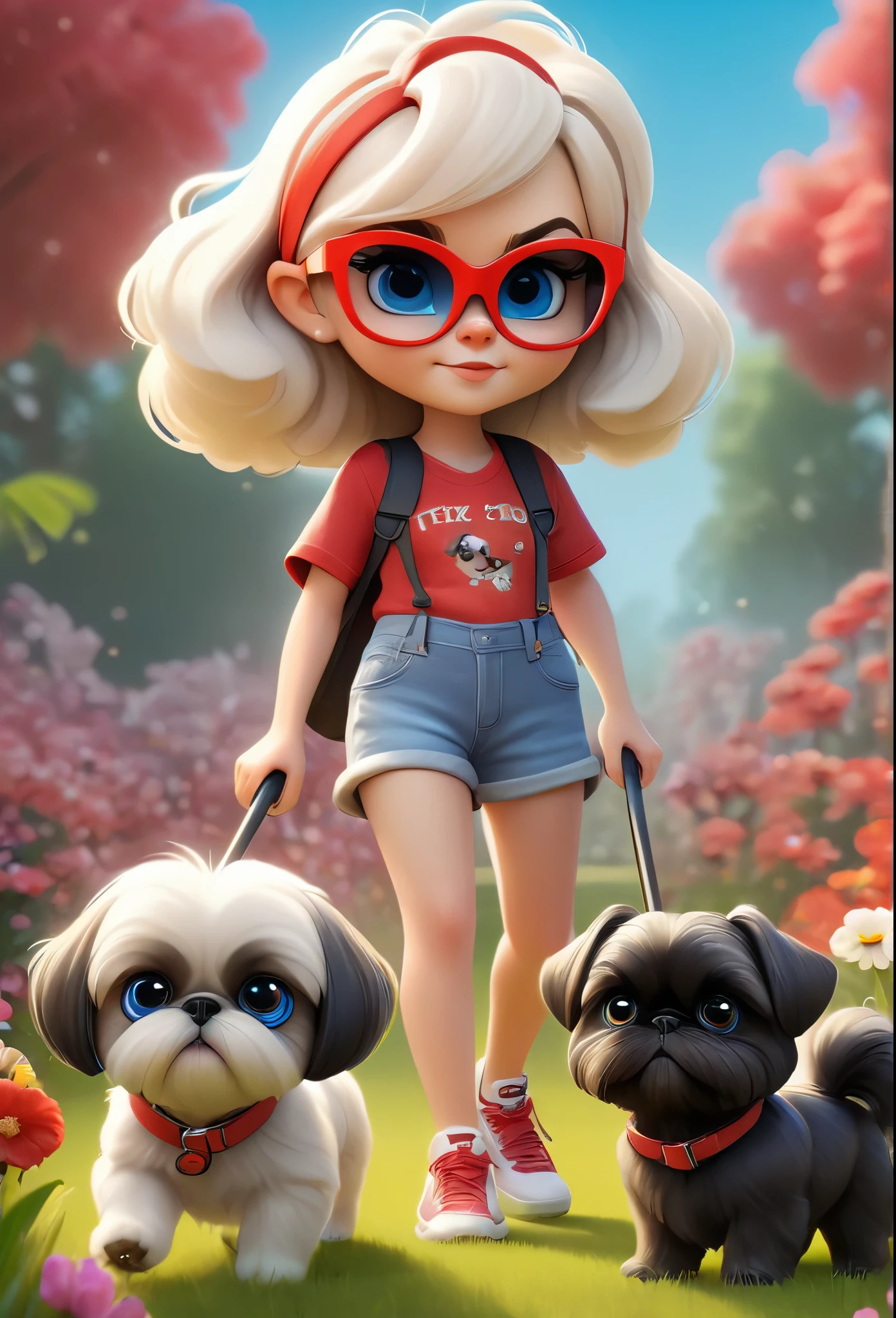 1 cute blonde girl with blue eyes wearing red sunglasses red shirt and denim shorts with bright tennis shoes, 2 small black and black black Shih Tzu puppies with big bright blue eyes wearing red sunglasses walking at dog park squirrels, bunnies, butterflies and flowers in back ground 3D Pixar style