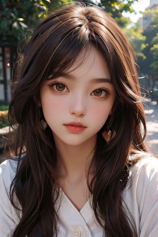 Girl with chocolate brown eyes, her face is rounded and tender (heart-shaped) with pale skin and long dark brown hair with red highlights in the sun.