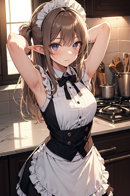A maid, (in kitchen), various hair styles, night, details face, short skirt, seducing, sleeveless, maid uniform, armpits, elf
