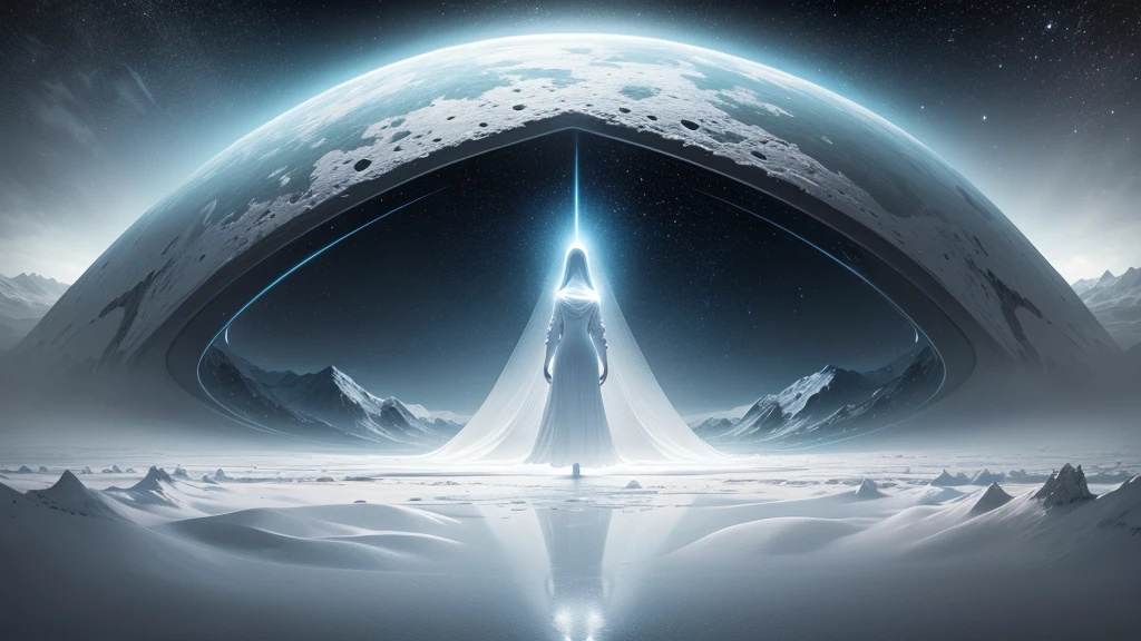 a woman in the distance in an immense landscape after death, in a vast white landscape of another dimension, another dimension, peace and tranquility, liberation, harmony, other-dimensional space, ultra-realistic, highly detailed, luminosity, intricate, fascinating, impressive, otherworldly, hypnotic
