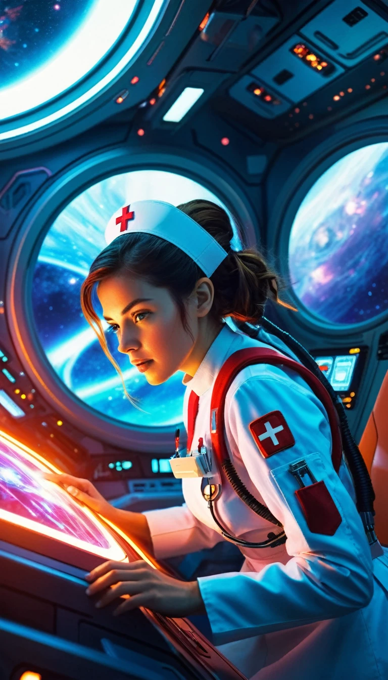 a young woman nurse on a hi-tech space ship, accident on the space ship, wounded people, helping them, digital painting, sci-fi, cinematic lighting, vibrant colors, intricate details, dynamic composition, dramatic atmosphere, photorealistic, 8k, best quality, masterpiece