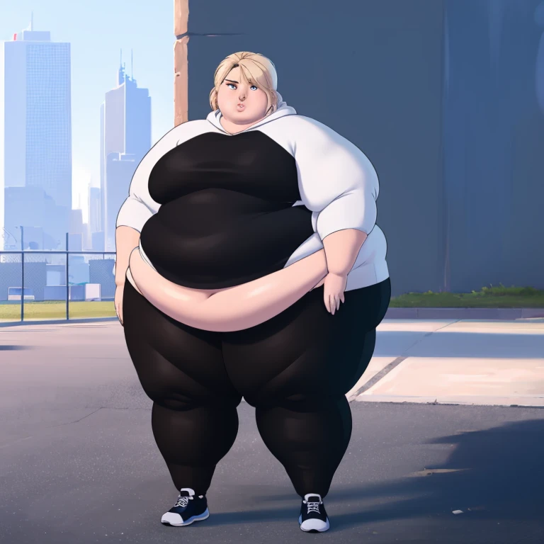 realistic, realism, photorealism, photo-realistic, high contrast, (photorealistic:1.4), (perfect fat female figure, full body plus, muscular body plus, six pack, strong body plus), 8k high definition detailed realistic, (best quality, masterpiece:1.2), photon mapping, radiosity, physically-based rendering, best quality, highly detailed, 1 fat girl, sgwen, outdoors, hoodie, ((on the streets of a modern city, modern buildings in the background, clear sky in the background))