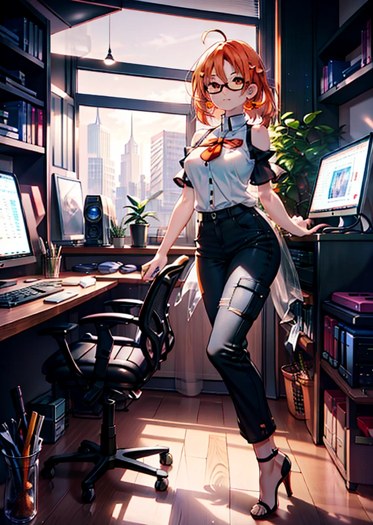 Takahai Chige,Orange Hair,Red eyes,smile,Long Hair,Ahoge,Cold Shoulder Shirt,Short sleeve,skinny pants,Stiletto heels,Black-rimmed glasses,interior,There is a computer on the table,Walking,whole bodyがイラストに入るように,Daytime,Clear skies,　　　　 　　　　　　　　　　　　break indoors, office, 　　　　　　　　　　　break looking at viewer, whole body, 　　　　　　　　break (masterpiece:1.2), Highest quality, High resolution, unity 8k wallpaper, (shape:0.8), (Beautiful attention to detail:1.6), Highly detailed face, Perfect lighting, Extremely detailed CG, (Perfect hands, Perfect Anatomy),