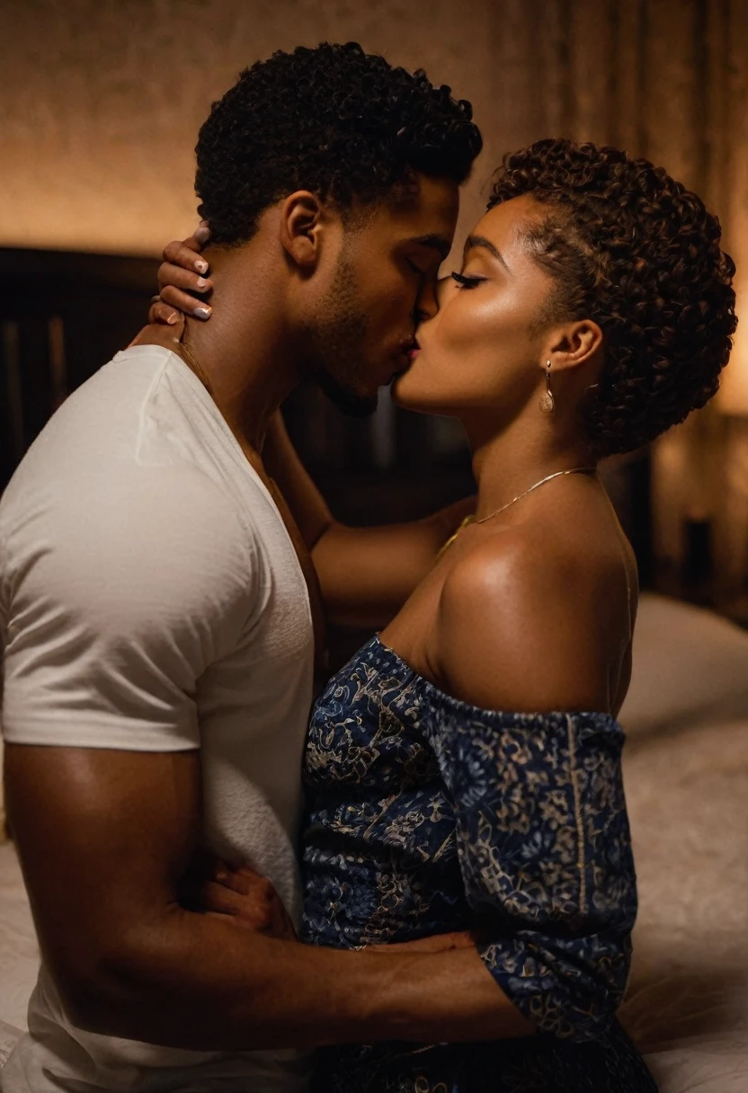Sophie Thatcher and a handsome African American male whose facial features are a combo of Brandon P. Bell + Chosen Jacobs + Rome Flynn share a steamy kiss inside a bedroom lit only by candlelight. Sophie has lovely makeup on her face. Nighttime. Romantic ambiance. Symmetrical eyes. Symmetrical faces. Lovely details. Photorealistic. Full-colored photo. Professional photo. Highly detailed 8K.