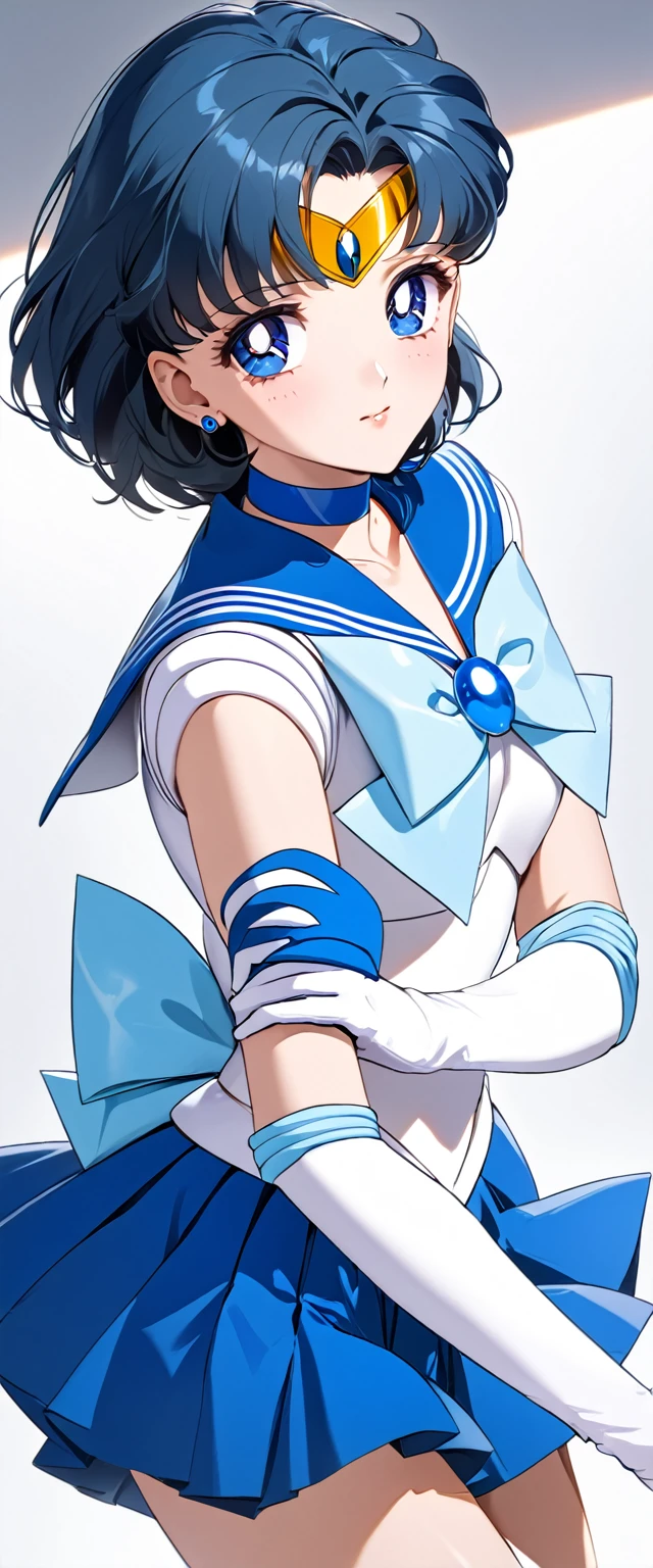 (Perfect Anatomy)、Mastepiece、Ultra High Quality、 8k、masterpiece、Highest quality、Ultra-high resolution、Maximum resolution、Very detailed、Professional Lighting、anime、woman、thin、Very beautiful face、Very beautiful eyes、(Highly detailed eye)、Highly detailed face、Sailor Mercury、tiara、Sailor Warrior Uniform、Blue Skirt、Blue sailor collar、Blue knee boots、choker、White gloves、blue choker、jewelry、Earrings、Pleated skirt, gloves