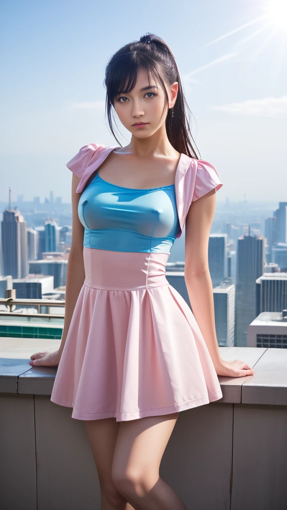 score_9, score_8_up, score_7_up, score_6_up, Photorealistic, real photo, god rays, wind, rain, 1girl, black hair, long straight hair, ponytail, hazel eyes, large breasts, mini sundress, covered nipples, cropped jacket, science fiction, rooftop, city skyline, neons, windy, skirt lifted by wind