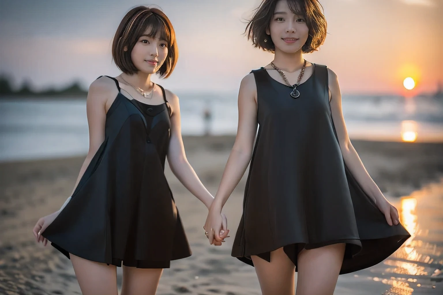 (Embracing each other with my boyfriend on the beach、Standing watching the sunset:1.5)、(A kind smile:1.5)、(18-year-old female:1.5)、(The best quality at its best:1.4), (Super detailed), (Very detailed CG unified 16k), Beautiful woman with perfect figure: 1.4, Sharp focus: 1.2, Very detailed, High-quality RAW color photos, Professional photography, Great face and eyes, cosmetics, (Amazingly beautiful girl), ((Cute black dress:1.5)), Realistic movie faces, Full body long view from head to toe, Realistic, ((Realistic natural orange red hairstyle)), ( Short Bob Hair:1.5), (necklace:1.5)、, Very beautiful face, Perfect model beauty, Mouth swelling, Highly detailed face and skin texture, Fine grain, double eyelid, Medium chest, (masterpiece), Highest quality, High resolution, Very detailed, Blurred Background, Depth of written boundary, Cinema Lighting, Great legs, , Clear, well-maintained skin,((Full body shot from head to toe:1.5))