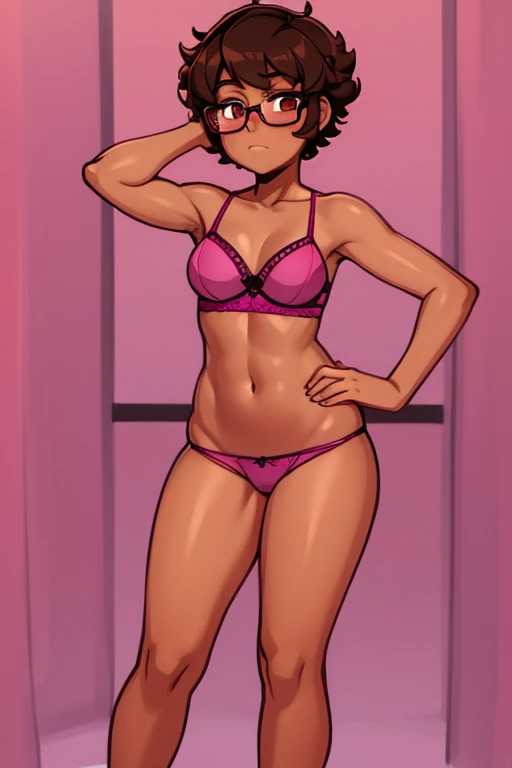 Really embarrassed tomboy girl, with short gray curly  hair, brown skin and  glasses, in pink Lingerie  , full body,  ashamed pose