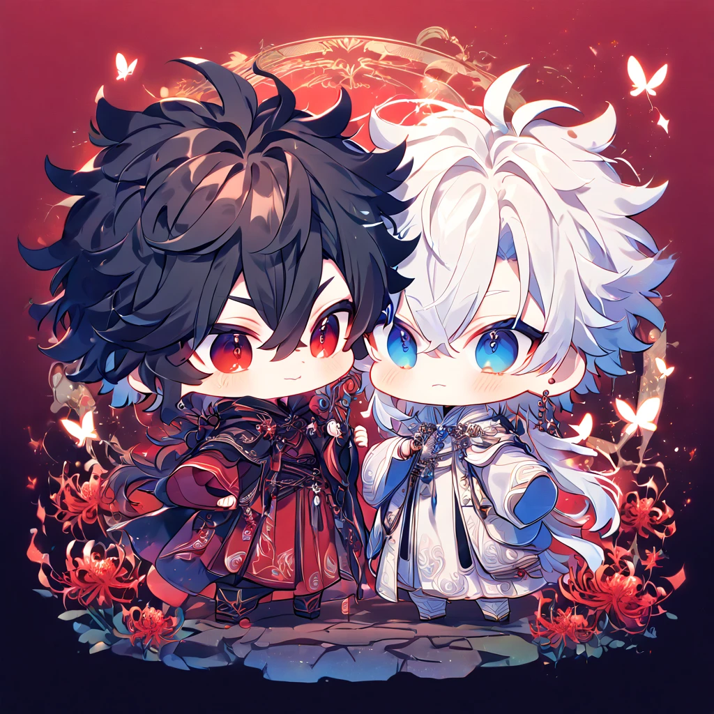 absurdres, highres, ultra detailed, HDR, master piece, best quality, extremely detailed face, delicated features, Xue Yu chibi, untamed spiky hair, black hair, long hair, hair between the eyes, expressive red eyes, Thousand Years War, Gojou Satoru chibi, white hair, messy hair, expressive blue eyes, two boys together, gay couple, yaoi, cute, black cape, red robes, white robes, accessories, patterns, red sky, red butterflies, red spider lilies, fantasy, magical, radiant