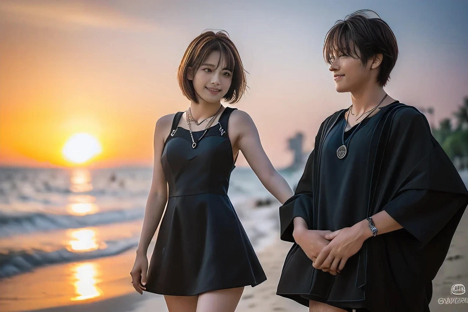 (Embracing each other with my boyfriend on the beach、Standing watching the sunset:1.5)、(A kind smile:1.5)、(18-year-old female:1.5)、(The best quality at its best:1.4), (Super detailed), (Very detailed CG unified 16k), Beautiful woman with perfect figure: 1.4, Sharp focus: 1.2, Very detailed, High-quality RAW color photos, Professional photography, Great face and eyes, cosmetics, (Amazingly beautiful girl), ((Cute black dress:1.5)), Realistic movie faces, Full body long view from head to toe, Realistic, ((Realistic natural orange red hairstyle)), ( Short Bob Hair:1.5), (necklace:1.5)、, Very beautiful face, Perfect model beauty, Mouth swelling, Highly detailed face and skin texture, Fine grain, double eyelid, Medium chest, (masterpiece), Highest quality, High resolution, Very detailed, Blurred Background, Depth of written boundary, Cinema Lighting, Great legs, , Clear, well-maintained skin,((Full body shot from head to toe:1.5))