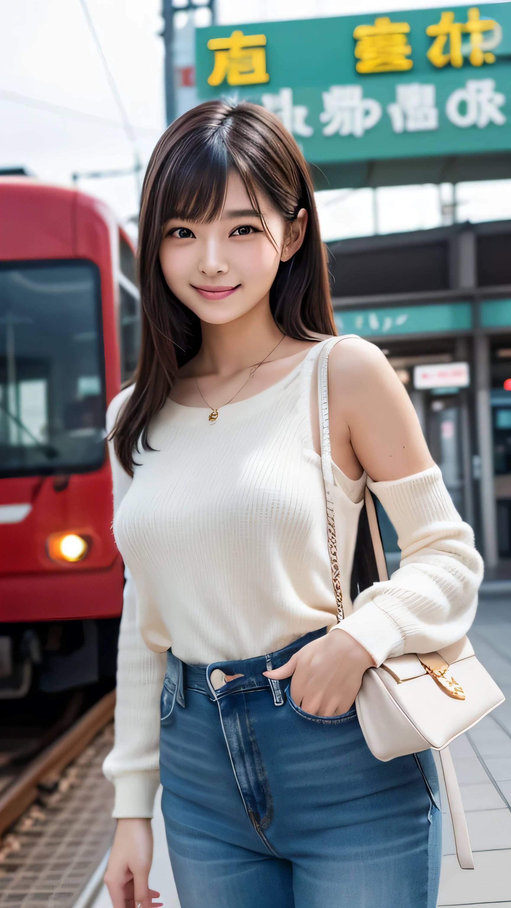 Create an ultra-realistic image of a 21-year-old Japanese woman named Kotone at Ishikawa Station. She has extremely long, perfectly straight black hair that flows down to her waist, with blunt bangs that cover her forehead. Her eyes are large and have double eyelids with black pupils, giving them a captivating and youthful appearance. Her face is delicate and innocent, with very thin eyebrows. Kotone's skin is smooth and flawless, resembling snow in its pure white color. She has a slender and well-proportioned body with a shapely bust size of 95 cm. Her complexion is flawless, without any wrinkles, and her natural makeup enhances her features subtly. She embodies a perfect balance of youthful charm and mature elegance, with a cute and innocent smile that adds warmth and affection to her appearance. Kotone is wearing a stylish and comfortable outfit, perfect for travel, such as a fitted top and jeans or a casual dress. She is standing on the platform or near the station entrance, holding a small travel bag or suitcase. Her expression is cheerful and excited, looking forward to her journey. The lighting is soft and natural, highlighting her smooth skin and the modern design of the station. The background includes elements of Ishikawa Station, such as the platform, signage, and travelers, ensuring that every detail of her appearance and the station setting is highlighted.