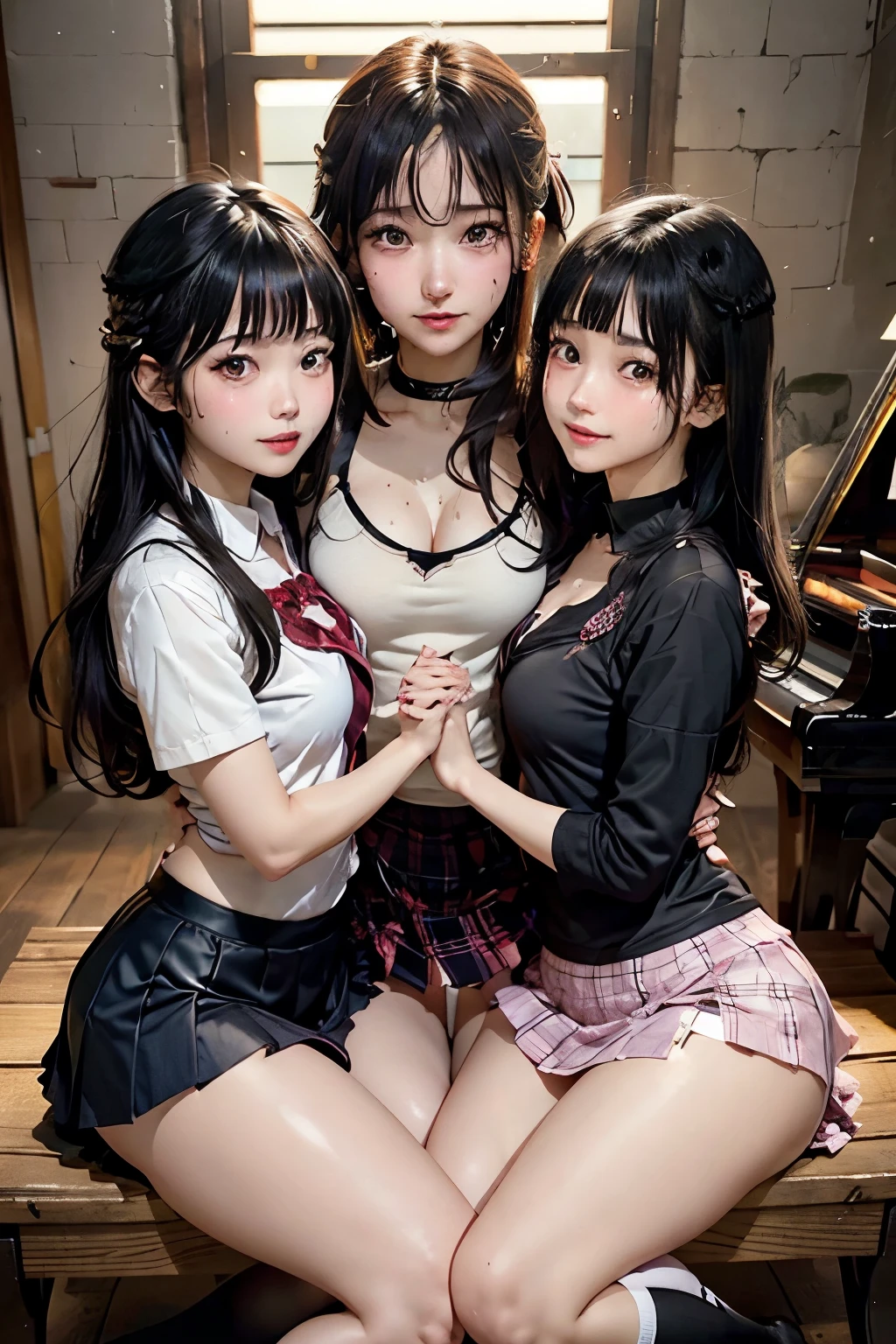 high school girlブレザー、high school girl、Red checked skirt、JK Style、Jacket、smile、garter、Knee socks、Panty stocking、Otherworldly beauty、Extraordinarily cute、boredom、unusual beauty、Dark black eyeshadow、sorrow、Good skin glow、Long Hair Straight Hair、Dark Gothic Makeup、暗いsmile、Beautiful woman、Stained Glass Background、On the table、Best Quality、5 reference books、Sweat glistens on my chest、Sweat glistens on my face、Thigh sweat、sweating、Black frill East size Regular size、Dark pink hair、Age 22 years old、Sweat sticks to my thighs、I sweat a lot and get sticky。、My thighs are sticky and shiny、Sweating on thighs and chest、Breast Size:S、Slightly slim、I sweat all over my body、play the piano、Sit down and play an instrument、legs are thin、Two girls、Lesbian couple、Hugging a girl、