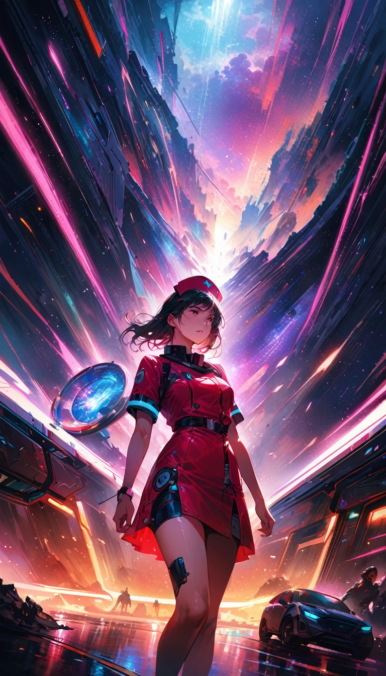 a young woman nurse on a hi-tech space ship, accident on the space ship, wounded people, helping them, digital painting, sci-fi, cinematic lighting, vibrant colors, intricate details, dynamic composition, dramatic atmosphere, photorealistic, 8k, best quality, masterpiece