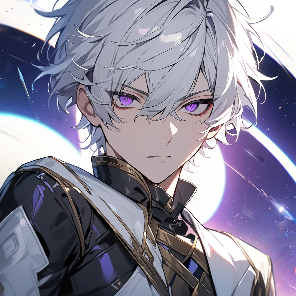 High quality, HD, 4k, no shadows, handsome male, 1male, 17 years old, teenager, golden lining, short white hair, sharp eyes, dark purple eyes, deep purple eyes, devil may cry, close up, calm expression, stoic expression, black leather clothes, white leather clothing, lean body, well trained body, upper body, looking at viewer, cowboy shot, white solar, space background