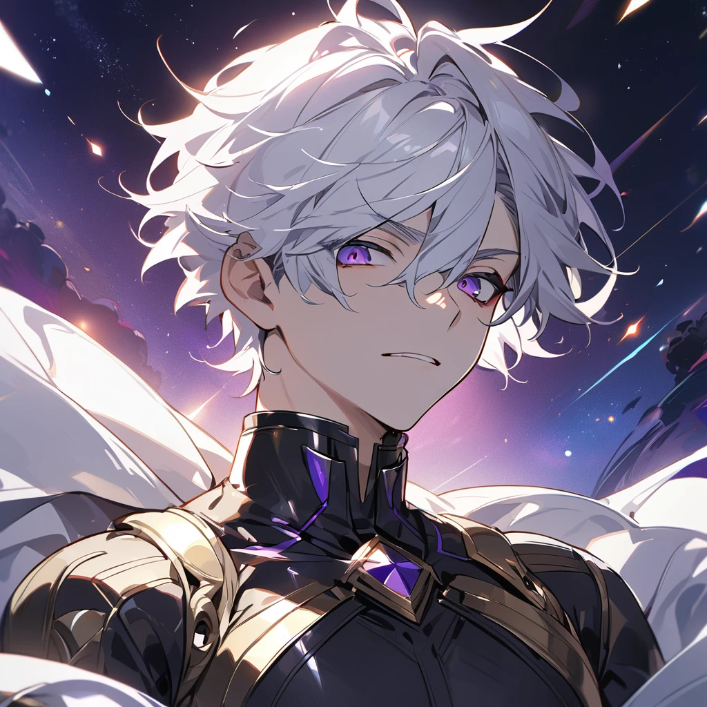High quality, HD, 4k, no shadows, handsome male, 1male, 17 years old, teenager, golden lining, short white hair, sharp eyes, dark purple eyes, deep purple eyes, devil may cry, close up, calm expression, stoic expression, black leather clothes, white leather clothing, lean body, well trained body, upper body, looking at viewer, cowboy shot, white solar, space background
