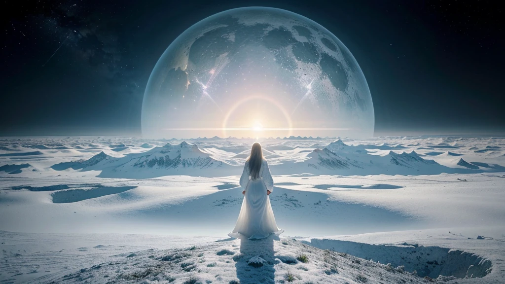 a woman in the distance in an immense landscape after death, in a vast white landscape of another dimension, another dimension, peace and tranquility, liberation, harmony, other-dimensional space, ultra-realistic, highly detailed, luminosity, intricate, fascinating, impressive, otherworldly, hypnotic