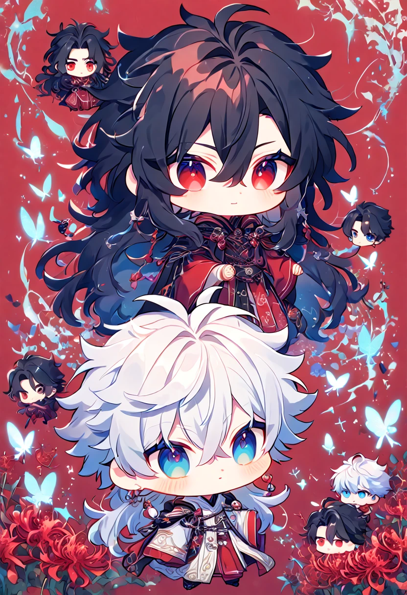 absurdres, highres, ultra detailed, HDR, master piece, best quality, extremely detailed face, delicated features, Xue Yu chibi, untamed spiky hair, black hair, long hair, hair between the eyes, expressive red eyes, Thousand Years War, Gojou Satoru chibi, white hair, messy hair, expressive blue eyes, two boys together, gay couple, yaoi, cute, black cape, red robes, white robes, accessories, patterns, red sky, red butterflies, red spider lilies, fantasy, magical, radiant