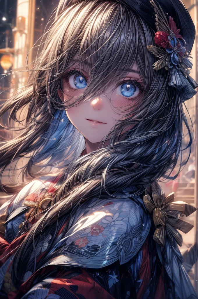 (Tabletop.Highest quality).(Dynamic Angle). (Amazingly detailed CG paintings),(Perfect image)、Comic Strip.shape.One Girl.Detailed face、Perfect Face.Delicate face、Textured skin、Black Hair.Floor-length hair、((Beautiful Blue Eyes)).Delicate and beautiful eyes、The eyes are detailed、Reflective eyes、Watery eye、smile.(Gazing at the audience:1.3).(My face got a little red:0.8)、8k wallpaper、(((Cowboy Shot)))、reflected light、Attention to detail、Complex、Delicate background、Textured skin、Detailed skin、Japanese Kimono((Colorful twelve-layered kimono))，A sad face looking at the moonlit night