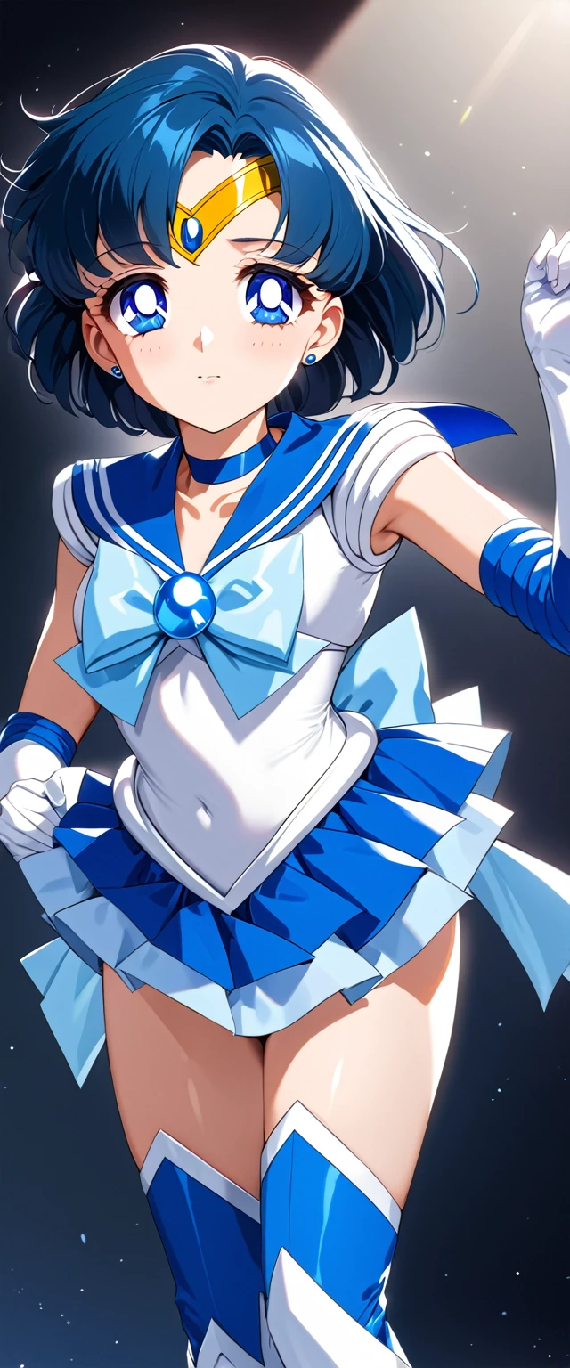 (Perfect Anatomy)、Mastepiece、Ultra High Quality、 8k、masterpiece、Highest quality、Ultra-high resolution、Maximum resolution、Very detailed、Professional Lighting、anime、woman、thin、Very beautiful face、Very beautiful eyes、(Highly detailed eye)、Highly detailed face、Sailor Mercury、tiara、Sailor Warrior Uniform、Blue Skirt、Blue sailor collar、Blue knee boots、choker、White gloves、blue choker、jewelry、Earrings、Pleated skirt, gloves