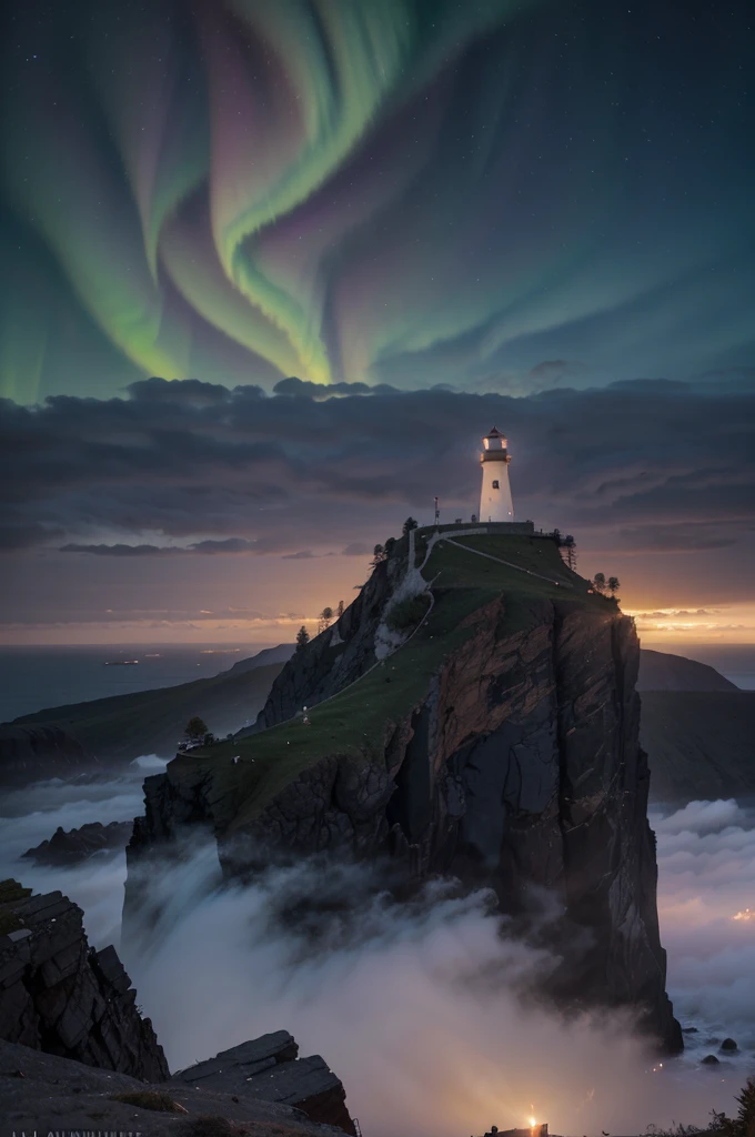 A lighthouse with a bright blue and purple aurora light above it on a cliff, Max Rive, fantasy art by Jessica Rossier, Marc Adamus, Lt. Alexander Kucharsky, beautiful digital artwork, magical colors and atmosphere, amazing wallpaper, beautiful wallpaper, magnificent background, Conceptual art, awesome atmosphere, Lt. Jessica Rossier, beautiful and aesthetic, dream matte painting, incredibly epic images, watercolor