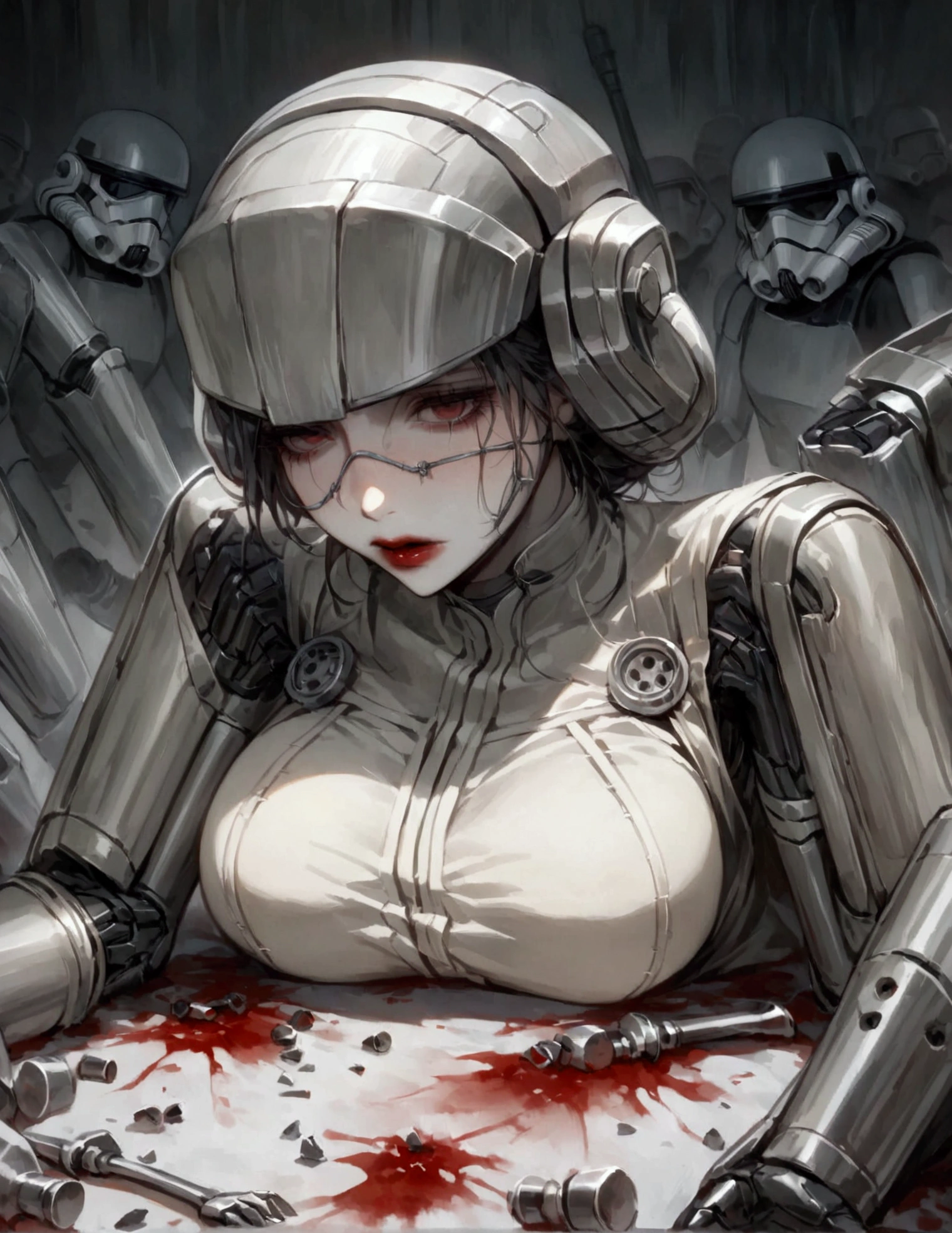 (star wars) A nurse droid (vaguely female, very human face, lots of spindly metal tool arms) is at a medical table stitching pieces of storm troopers together to make new stormtroopers. Heaps of storm trooper pieces lay in bloody piles near the table. Horror medical bay
