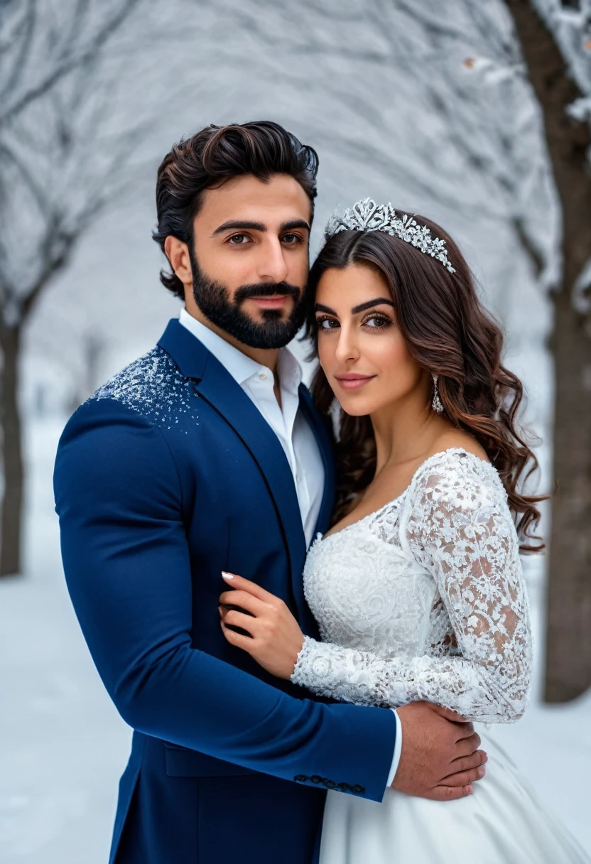 (fullbody photo:2.0) of two spouses: (a 25-year-old iranian woman, brown skin, triangular shaped face, brown eyes, long wavy hair, dark brown hair, busty, wearing a white winter wedding dress), embracing (a 28-year-old iranian man, brown skin, jawline, square jaw, short full beard, brown eyes, short hair, dark brown hair, muscular, fit body, wearing a blue groom suit), in an enchanted snowy garden, winter, (8k, photorealistic, RAW photo, best quality:1.4),