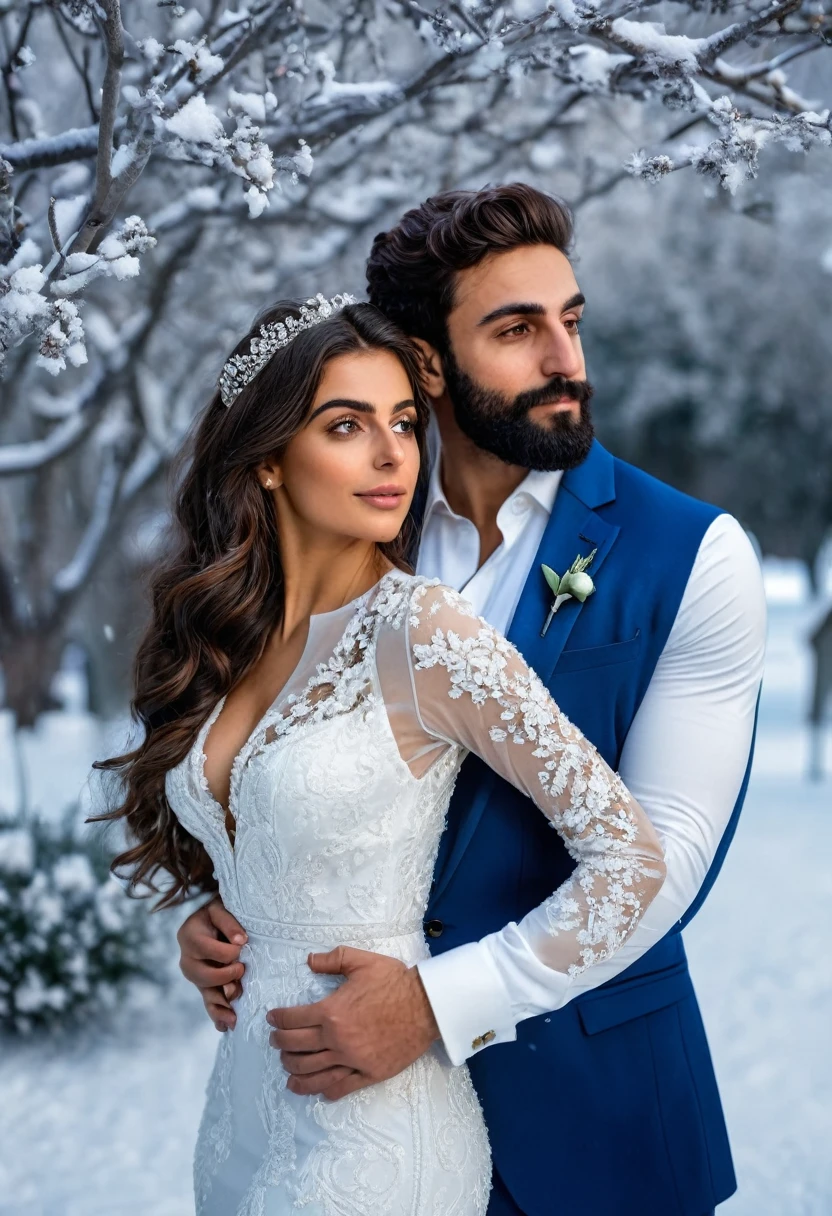 (fullbody photo:2.0) of two spouses: (a 25-year-old iranian woman, brown skin, triangular shaped face, brown eyes, long wavy hair, dark brown hair, busty, wearing a white winter wedding dress), embracing (a 28-year-old iranian man, brown skin, jawline, square jaw, short full beard, brown eyes, short hair, dark brown hair, muscular, fit body, wearing a blue groom suit), in an enchanted snowy garden, winter, (8k, photorealistic, RAW photo, best quality:1.4),