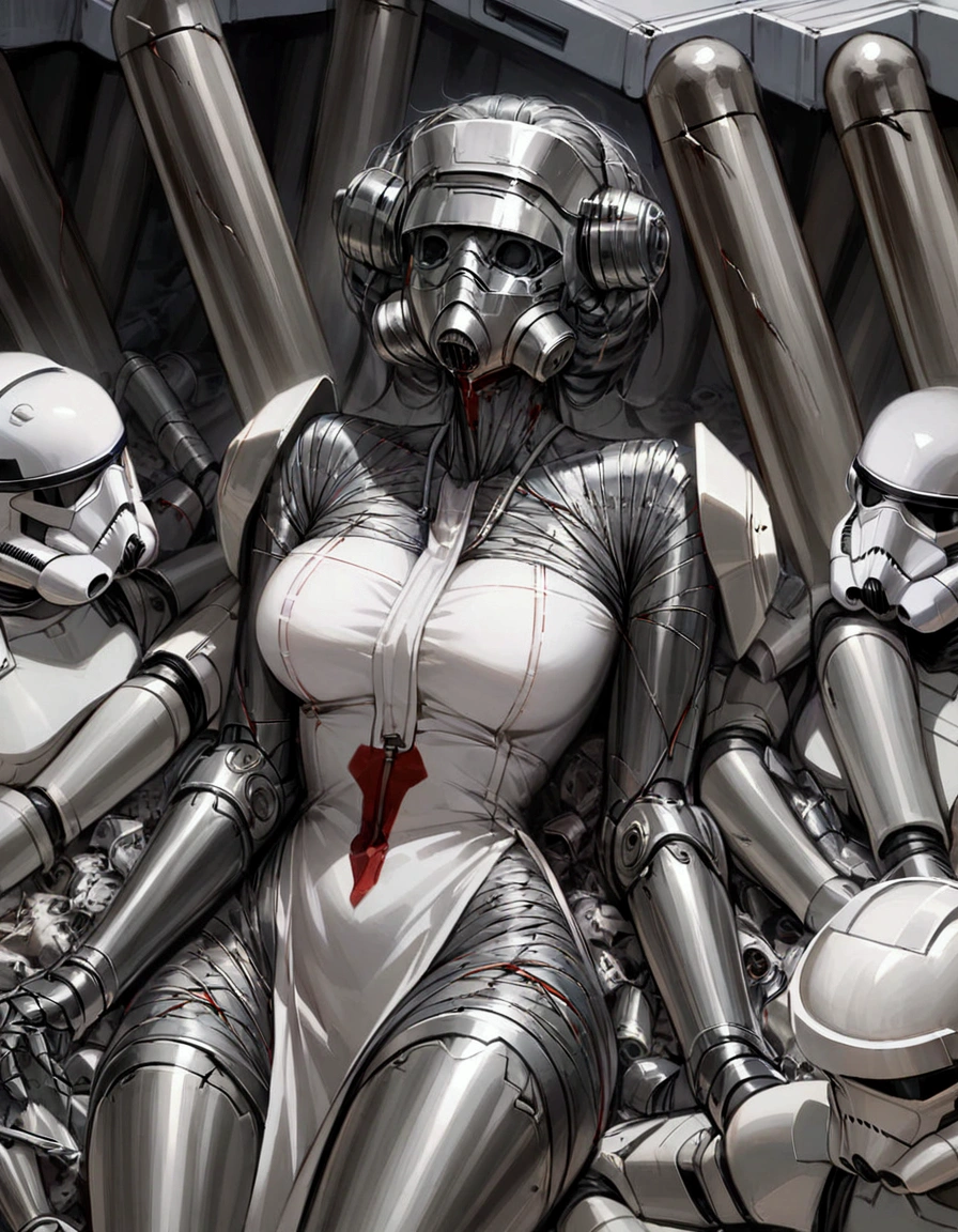 (star wars) A nurse droid (vaguely female, very human face, lots of spindly metal tool arms) is at a medical table stitching pieces of storm troopers together to make new stormtroopers. Heaps of storm trooper pieces lay in bloody piles near the table. Horror medical bay
