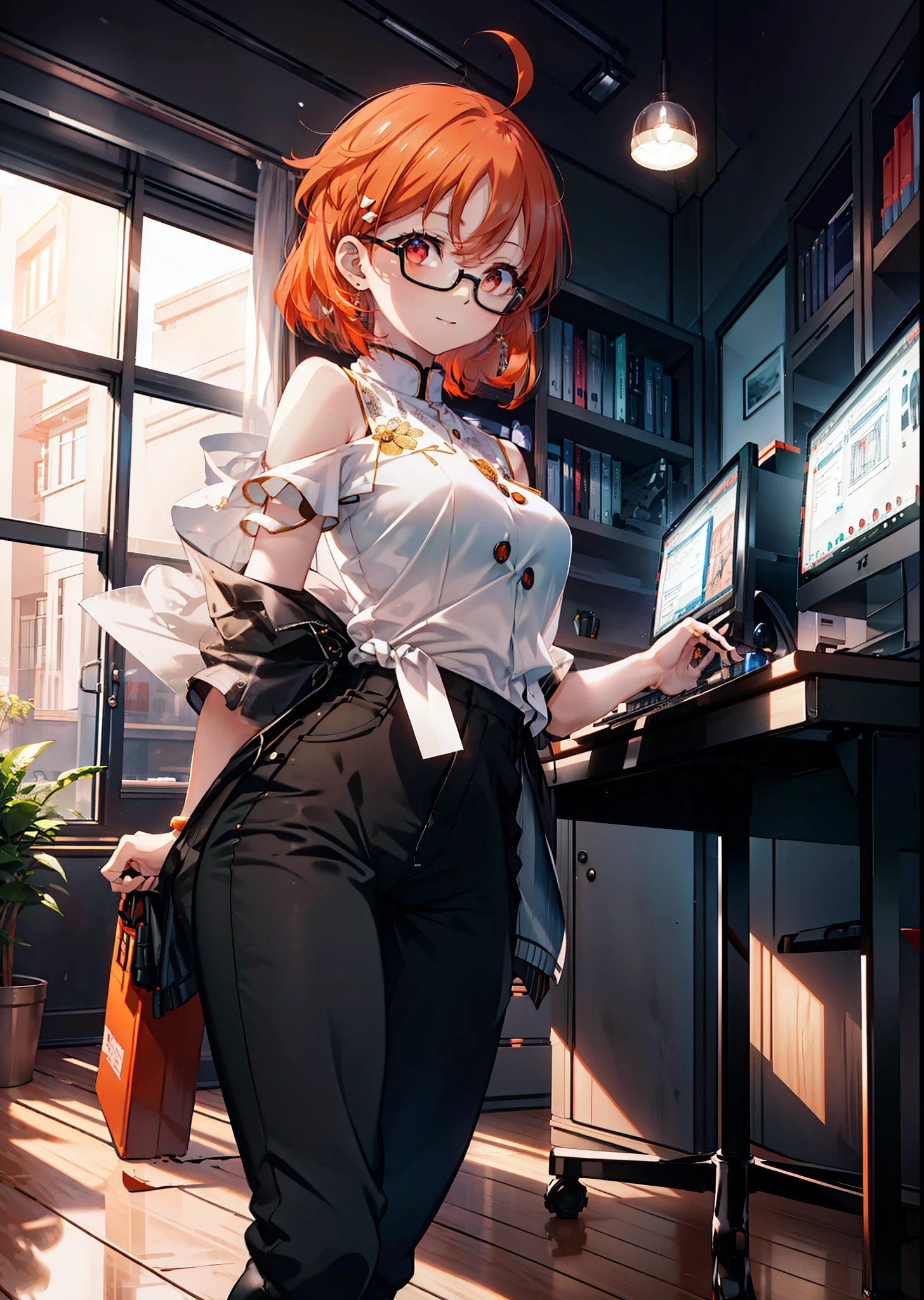 Takahai Chige,Orange Hair,Red eyes,smile,Long Hair,Ahoge,Cold Shoulder Shirt,Short sleeve,skinny pants,Stiletto heels,Black-rimmed glasses,interior,There is a computer on the table,Walking,whole bodyがイラストに入るように,Daytime,Clear skies,　　　　 　　　　　　　　　　　　break indoors, office, 　　　　　　　　　　　break looking at viewer, whole body, 　　　　　　　　break (masterpiece:1.2), Highest quality, High resolution, unity 8k wallpaper, (shape:0.8), (Beautiful attention to detail:1.6), Highly detailed face, Perfect lighting, Extremely detailed CG, (Perfect hands, Perfect Anatomy),