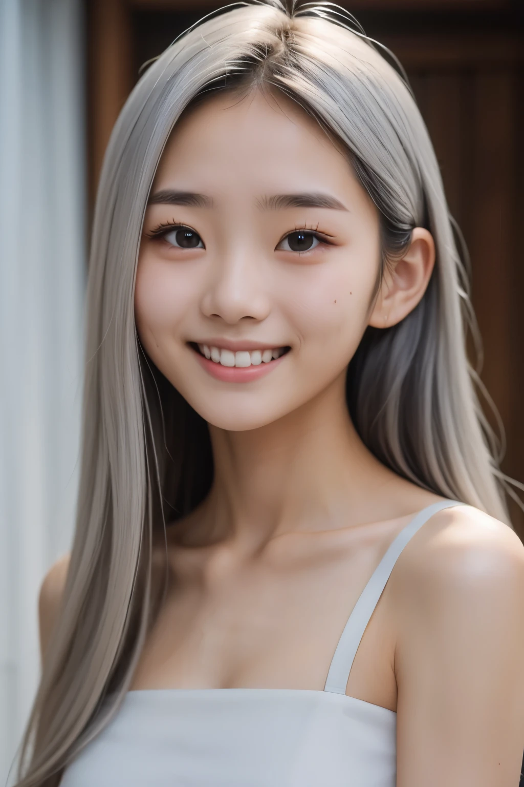 18 year old female of British and Japanese descent, living in Hokkaido, Japan, with long silver hair parted in front, thin silver eyebrows, sidelong glance, detailed face, beautiful collarbone, and smile