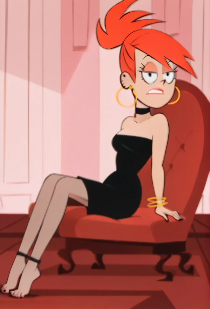 FrankieFoster, 1girl, lipstick, dress, black dress, solo, red hair, barefoot, sit on a chair, tied ankles together, choker, hoop earrings, bangle, ponytail, high ponytail, bare shoulders,indoors, looking at viewer, score_9, score_8_up, score_7_up, score_6_up, score_5_up, score_4_up