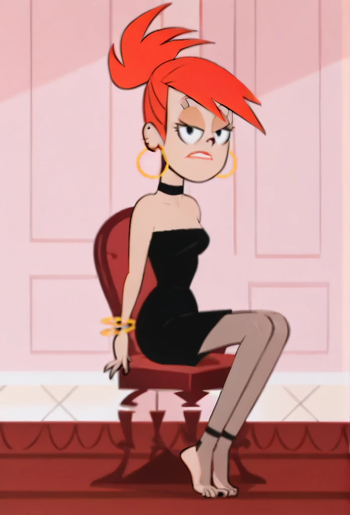 FrankieFoster, 1girl, lipstick, dress, black dress, solo, red hair, barefoot, sit on a chair, tied ankles together, choker, hoop earrings, bangle, ponytail, high ponytail, bare shoulders,indoors, looking at viewer,  score_9, score_8_up, score_7_up, score_6_up, score_5_up, score_4_up