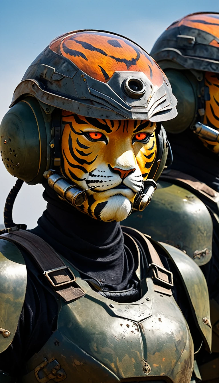 Close-up of a tiger head soldier, half human, half machine, their faces partially obscured by military helmets. Their eyes are filled with sadness and longing. The background is a trail of blood and violence. She wears a mechanized robot armor, carved with animal elements, human skulls. The sky is filled with swirling, fiery clouds. The photo conveys a strong sense of the warrior's appearance.