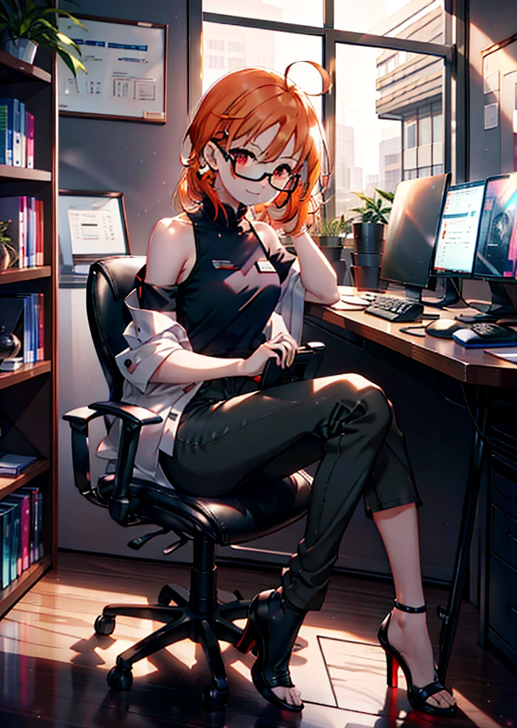 Takahai Chige,Orange Hair,Red eyes,smile,Long Hair,Ahoge,Cold Shoulder Shirt,Short sleeve,skinny pants,Stiletto heels,Black-rimmed glasses,interior,There is a computer on the table,Walking,whole bodyがイラストに入るように,Daytime,Clear skies,　　　　 　　　　　　　　　　　　break indoors, office, 　　　　　　　　　　　break looking at viewer, whole body, 　　　　　　　　break (masterpiece:1.2), Highest quality, High resolution, unity 8k wallpaper, (shape:0.8), (Beautiful attention to detail:1.6), Highly detailed face, Perfect lighting, Extremely detailed CG, (Perfect hands, Perfect Anatomy),