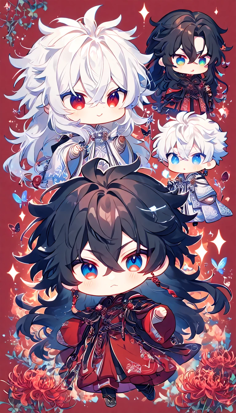 absurdres, highres, ultra detailed, HDR, master piece, best quality, extremely detailed face, delicated features, Xue Yu chibi, untamed spiky hair, black hair, long hair, hair between the eyes, expressive red eyes, Thousand Years War, Gojou Satoru chibi, white hair, messy hair, expressive blue eyes, two boys together, gay couple, yaoi, cute, black cape, red robes, white robes, accessories, patterns, red sky, red butterflies, red spider lilies, fantasy, magical, radiant