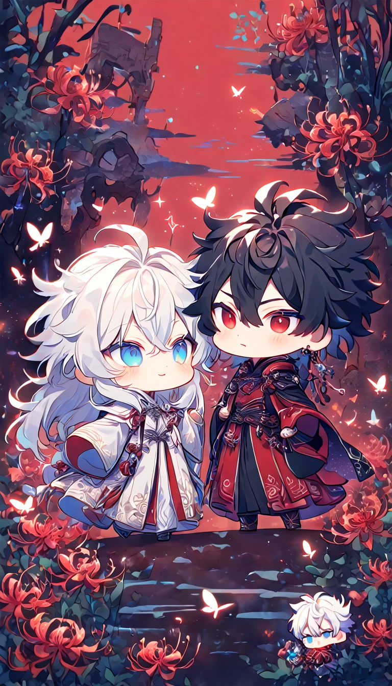 absurdres, highres, ultra detailed, HDR, master piece, best quality, extremely detailed face, delicated features, Xue Yu chibi, untamed spiky hair, black hair, long hair, hair between the eyes, expressive red eyes, Thousand Years War, Gojou Satoru chibi, white hair, messy hair, expressive blue eyes, two boys together, gay couple, yaoi, cute, black cape, red robes, white robes, accessories, patterns, red sky, red butterflies, red spider lilies, fantasy, magical, radiant