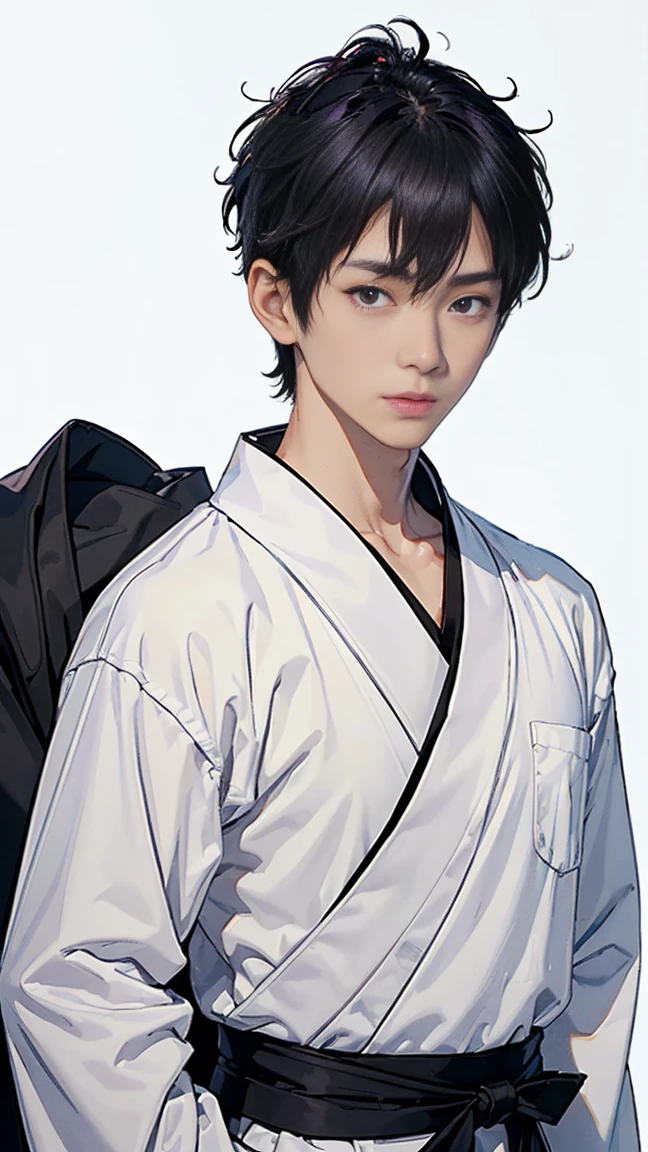 masterpiece, Very detailed, Super detailed, (Blank Background:2),(White background:2), (No background:2),(Upper Body:1.5)、(Draw to fit within the frame、Draw to fit on campus)、One, (1 person), Young people、(male、he、male性:2.0)、(human:2.0),(male物Japanの浴衣:2.0)、Japan、mens、heは背が高くて細身, (Black yukata:1.5), (Purple Hair:1.5)、(Short Hair:1.5)、Kind Face、(male性は体の前側は視聴者の方に向けている:2.0)、male性専用の浴衣、male帯、Standing upright、Looking straight ahead、Not just、Model style